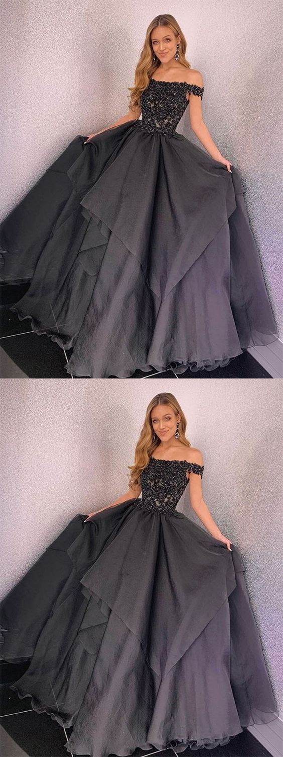 Gray black lace long prom dress. tulle evening dress cg1427