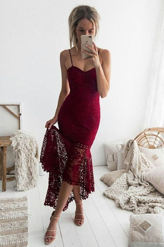 Sheath Spaghetti Straps Tea-Length Burgundy Lace Prom Dress    cg14298