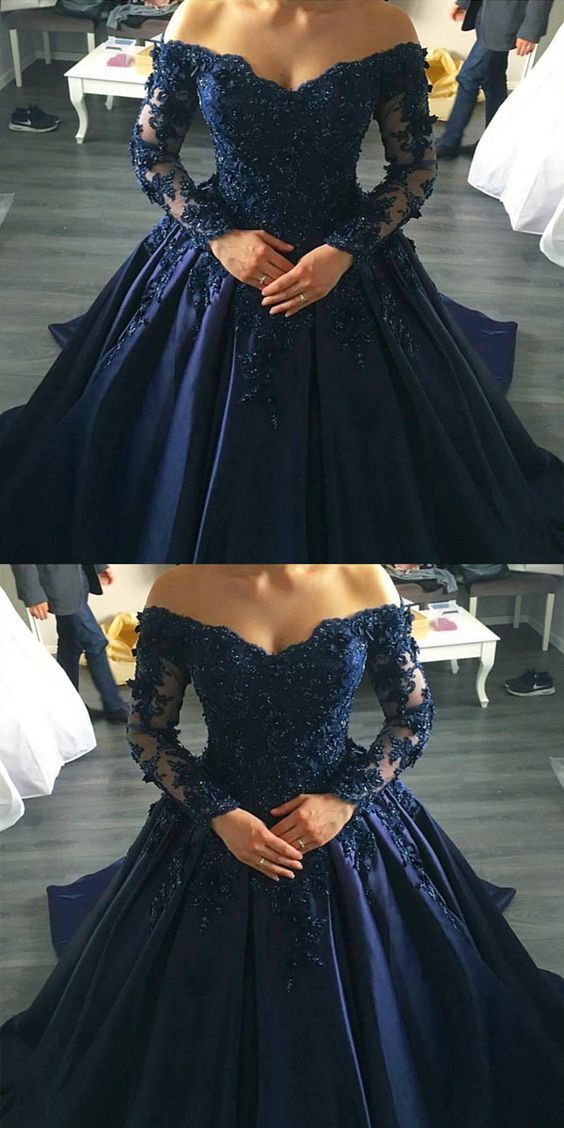 Navy Blue Lace Appliques Long Sleeves Ball Gowns Wedding Dresses Off Shoulder  cg1431