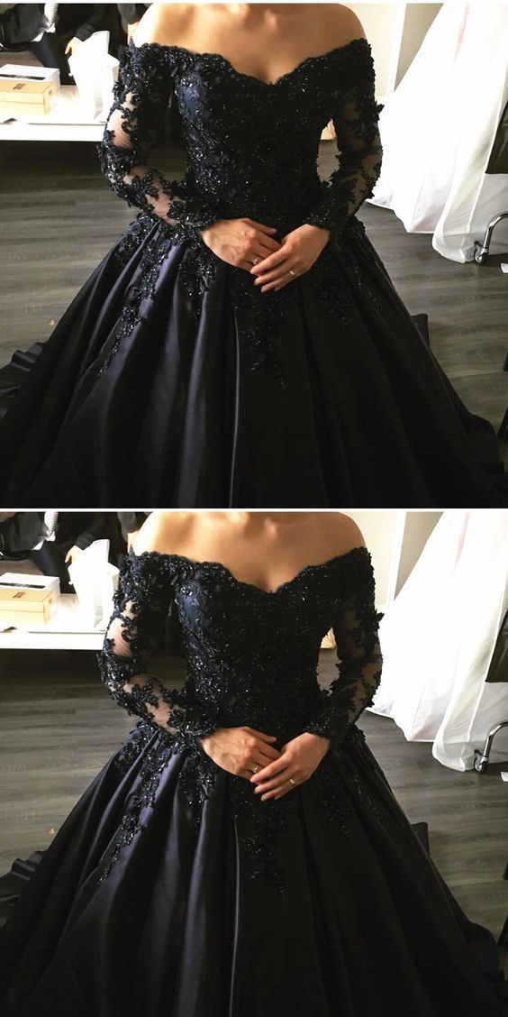 Navy Blue Lace Appliques Long Sleeves Ball Gowns Wedding Dresses Off Shoulder  cg1431