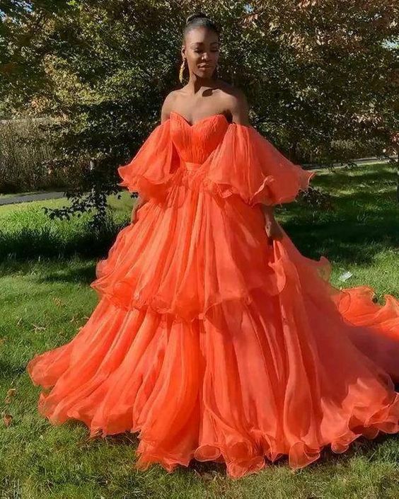 Orange organza ball wedding dress,African prom ball dresses   cg14485