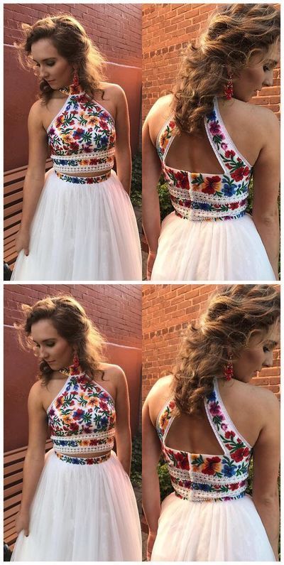 White Satin Embroidery High Neck Open Back Homecoming Dresses cg145