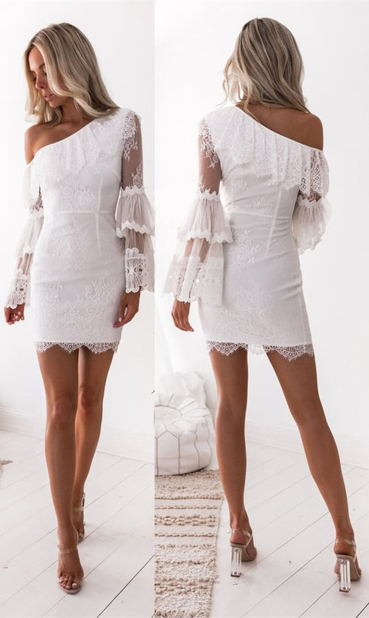 Sheath One Shoulder Long Sleeves White Lace Homecoming Dress with Ruffles cg1452