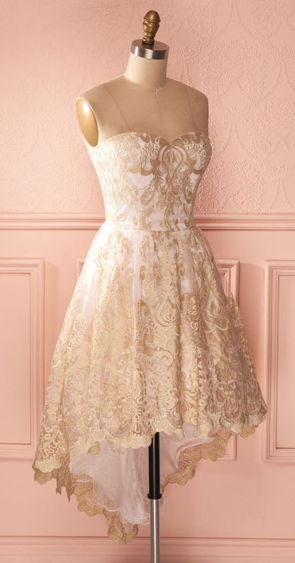 Sweetheart Homecoming Dresses, Hi-low Homecoming Dresses, Gold Lace Homecoming Dresses, Charming Homecoming Dresses, Homecoming Dresses cg1458