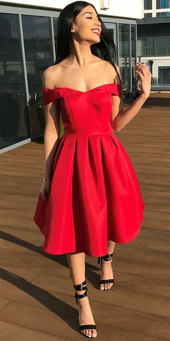 Simple A-Line Off Shoulder Red Satin Cheap Homecoming Dresses cg1469