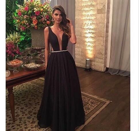 Sexy Black Prom Dresses,Deep V Neck Long Black Satin Evening Gown   cg14697