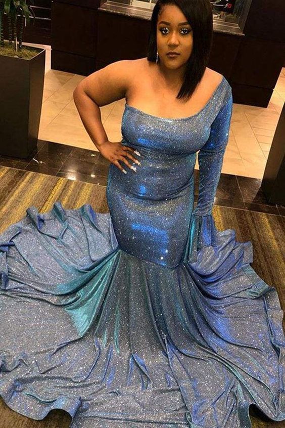 Glittery One Shoulder Long Sleeve Mermaid Prom Dresses    cg14774