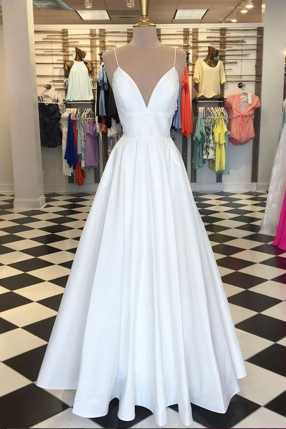 White v neck satin long prom dress, white evening dress cg1497