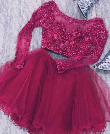 Two Piece Long Sleeves Tulle Short Homecoming Dress with Lace Beads cg1507