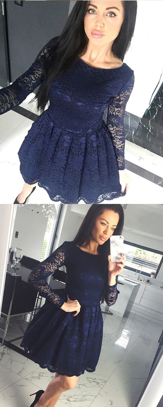 bateau lace navy blue homecoming dress, short homecoming dress with long sleeves cg1508