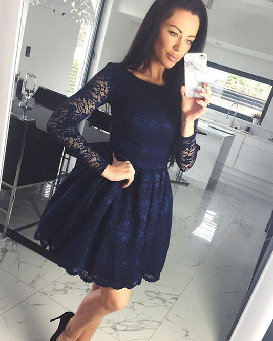 bateau lace navy blue homecoming dress, short homecoming dress with long sleeves cg1508