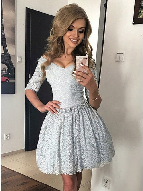 A-Line V-Neck Half Sleeves Light Blue Lace Homecoming Dress cg1510