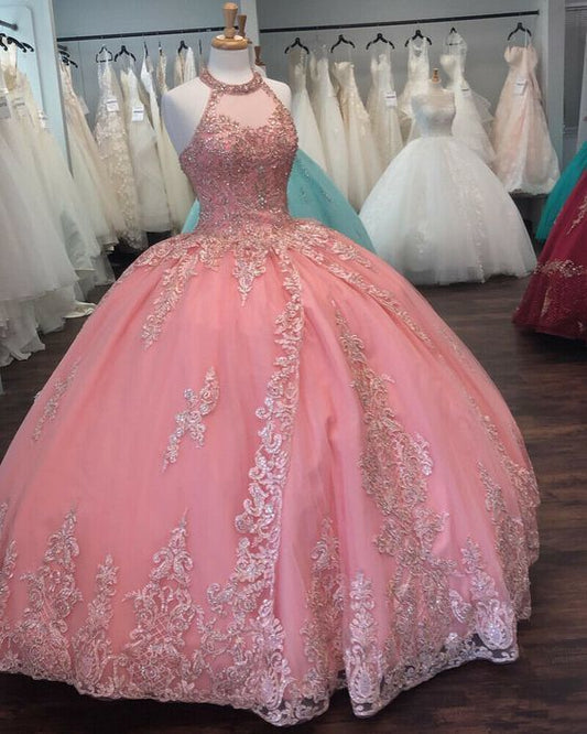 Pink Halter Ball Gown Dress, Lace Prom Dress    cg15224