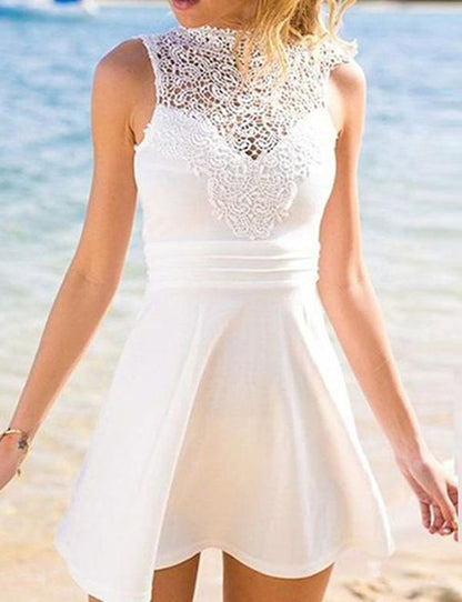 A-Line High Neck Open Back Short White Satin Homecoming Dress With Lace cg1525