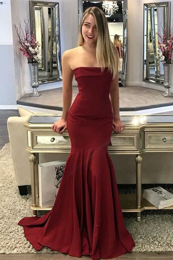 Mermaid Strapless Sleeveless ,Sweep Train, Burgundy Prom Dress ,Long Prom Dress   cg15296