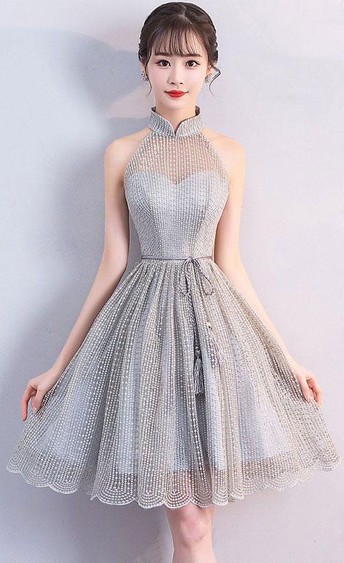 Gray high neck short dress, gray homecoming dress cg1542