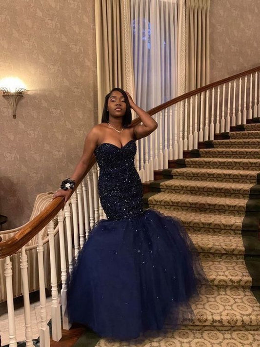 Sweetheart Navy Blue Mermaid Prom Dress With Beading   cg15422