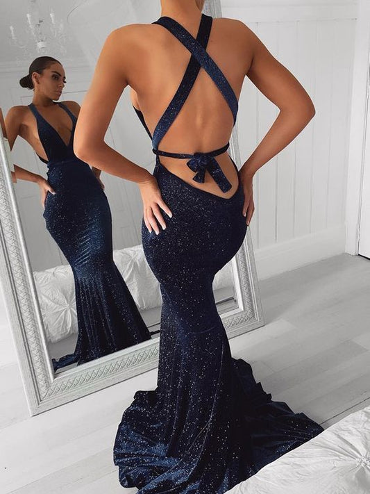 Mermaid V Neck Navy Sparkly Prom Dresses, Fashion Evening Dresses   cg15585