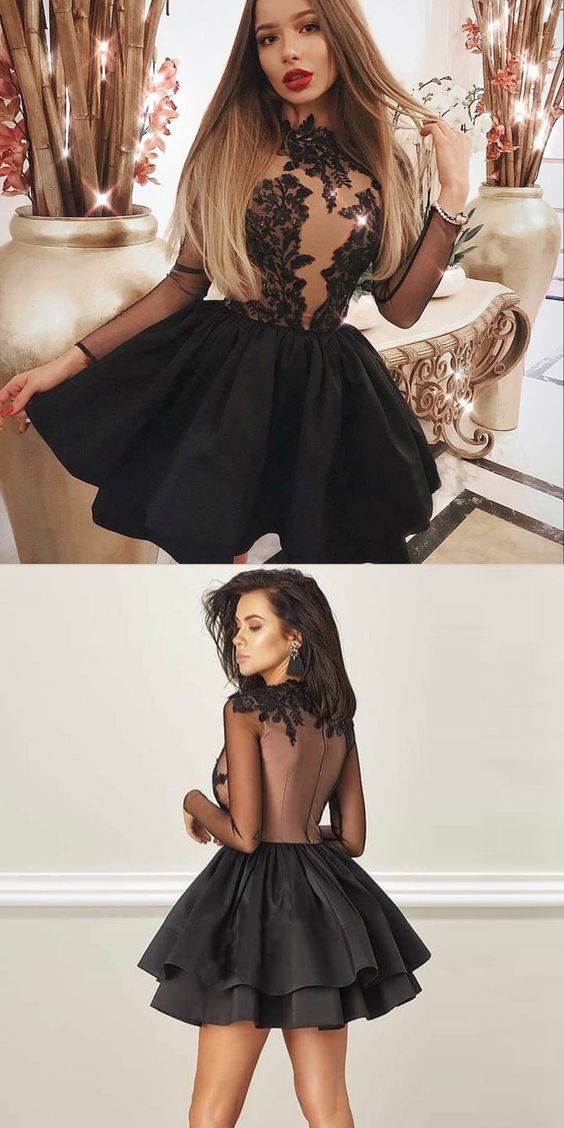 A-line Black Satin Appliques Long Sleeve Short Homecoming Dress cg157