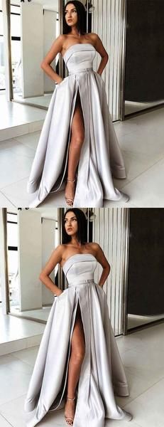 Light Grey Satin Strapless Pockets Fashion Prom Dresses cg1570