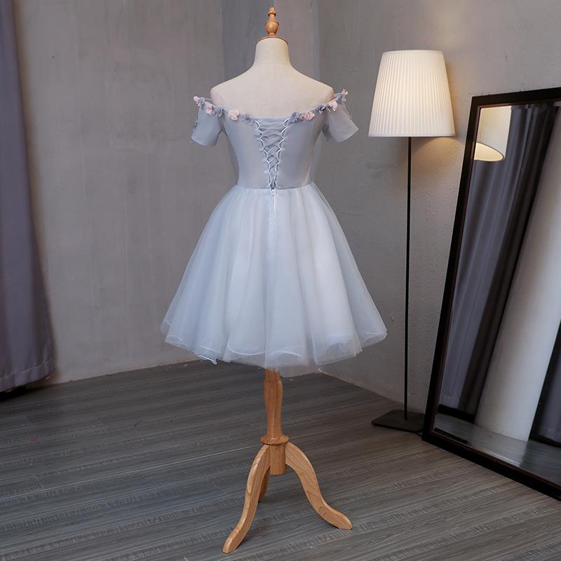 Light Grey Tulle Short Prom Dress With Flowers, Grey Homecoming Dress Graduation Dress   cg15747