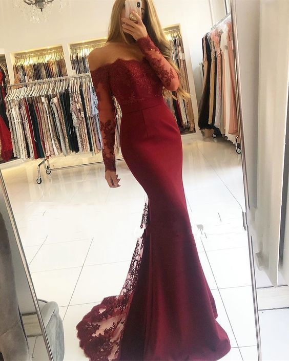 Burgundy Lace Prom Dresses Mermaid Long Evening Dress    cg16008