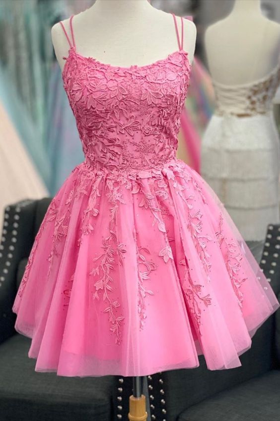 A-line hot pink lace appliqued short homecoming dress 16st birthday dress   cg16026