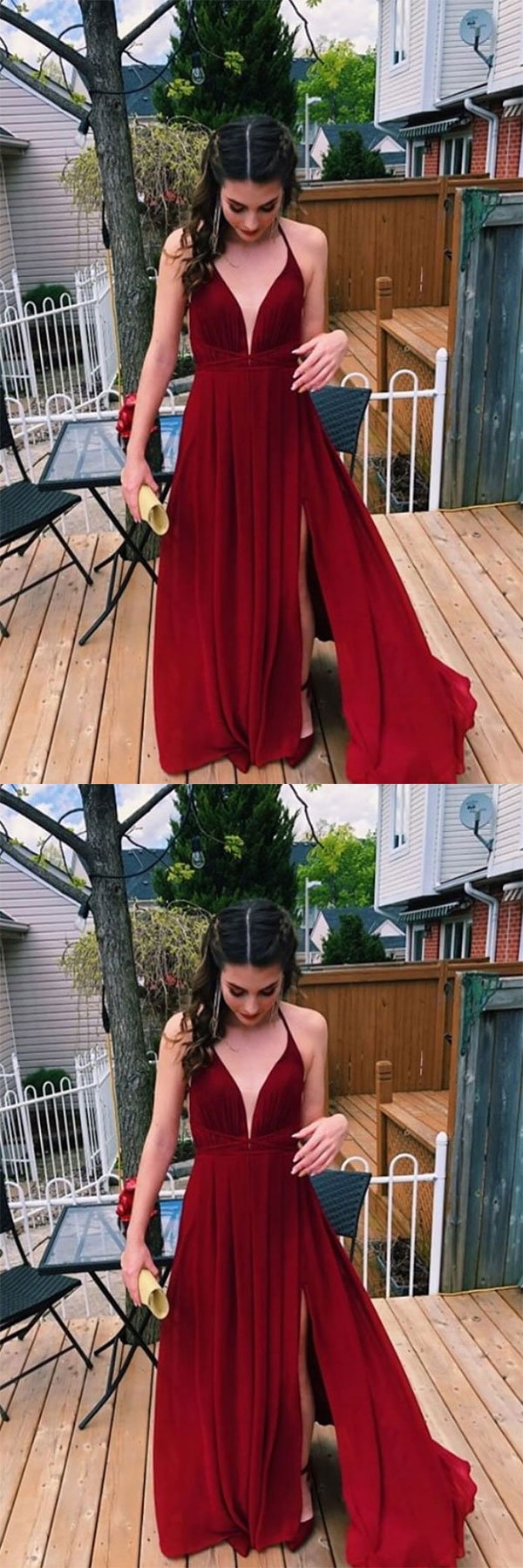 Simple v neck chiffon burgundy long prom dress, burgundy evening dress cg1609