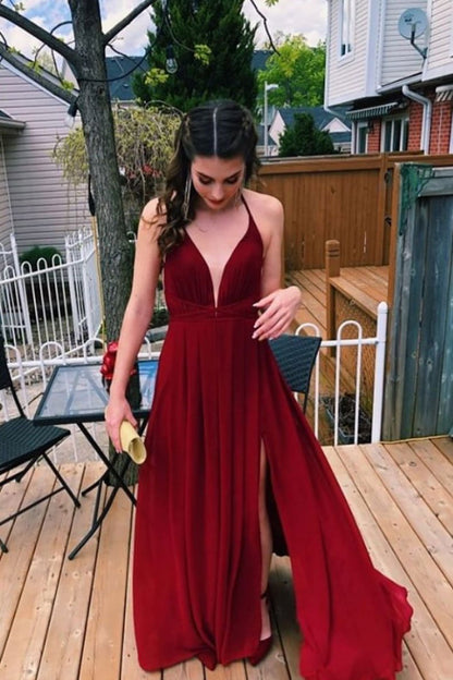 Simple v neck chiffon burgundy long prom dress, burgundy evening dress cg1609