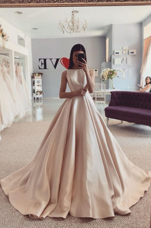 Long Prom Dress Bateau Satin Simple Champagne Wedding Dresses with Train    cg16109