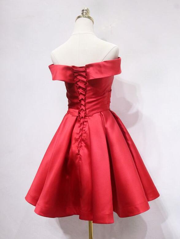 Red Satin Off Shoulder Short Party Dress, Red Homecoming Dress    cg16141