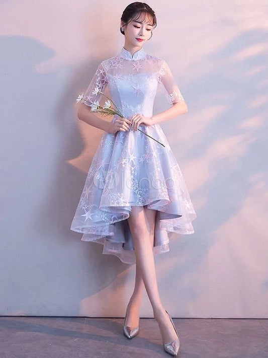 Light Grey Cocktail Dresses Stand Collar Half Sleeve Short homecoming Dress Asymmetrical Graduation Dress cg1615