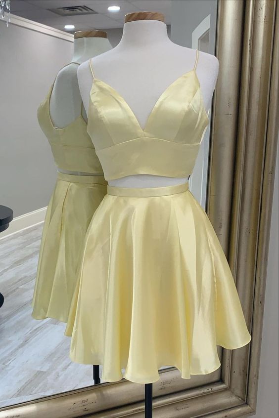 yellow two piece short homecoming dress   cg16272