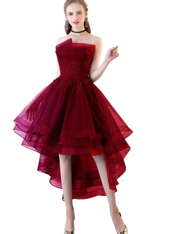 Chic High Low Dark Red Tulle Short Prom Dress With Lace Applique, Tulle Prom Dress   cg16318