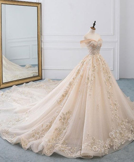 Champagne off shoulder tulle lace long wedding dress, wedding gown Prom Dresses    cg16350