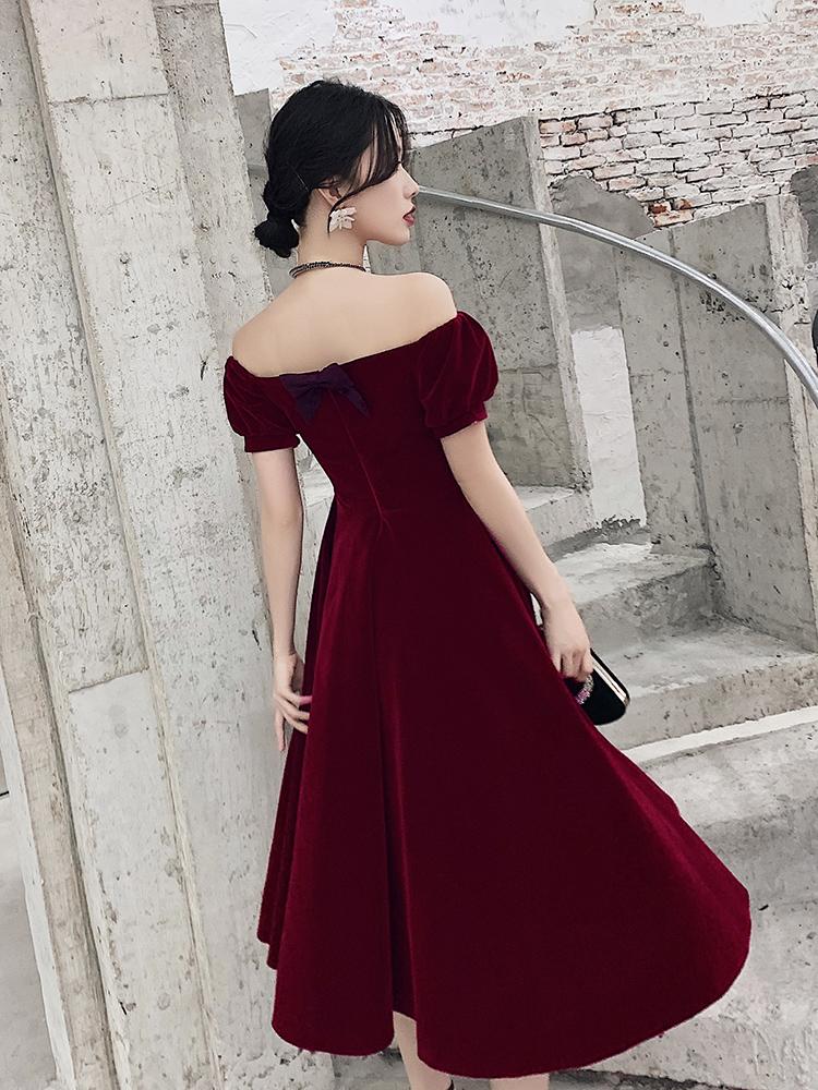 Wine Red Short Velvet Evening Dresses, Off Shoulder Prom Dresses Bridesmaid Dress   cg16388