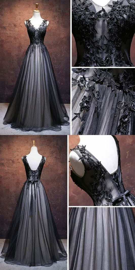 CHIC A-LINE V-NECK FLOOR LENGTH TULLE BLACK APPLIQUE LONG PROM DRESS EVENING DRESS   cg16542