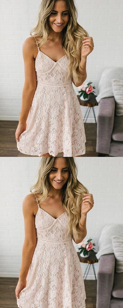 A-Line V-Neck Spaghetti Straps Lace Cheap Short Homecoming Dresses cg1656