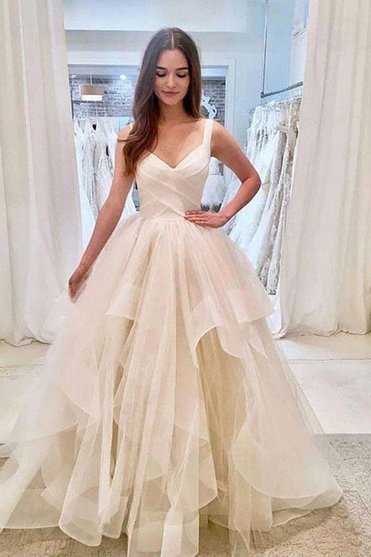 SIMPLE LIGHT CHAMPAGNE TULLE LONG PROM DRESS, TULLE EVENING DRESS cg1670