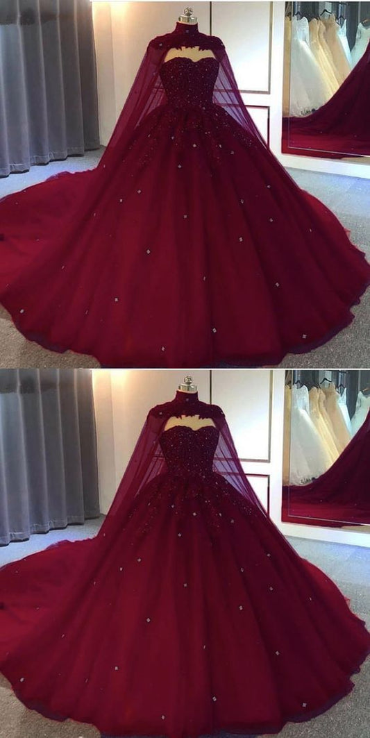 burgundy ball gown wedding dressTulle Prom Dresses    cg16776