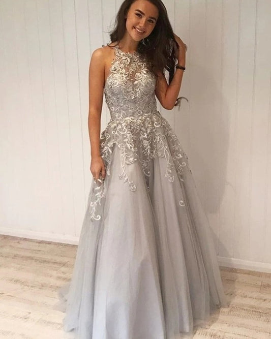 Sexy Appliques O-Neck A-Line Prom Dresses,Long Prom Dresses   cg16784