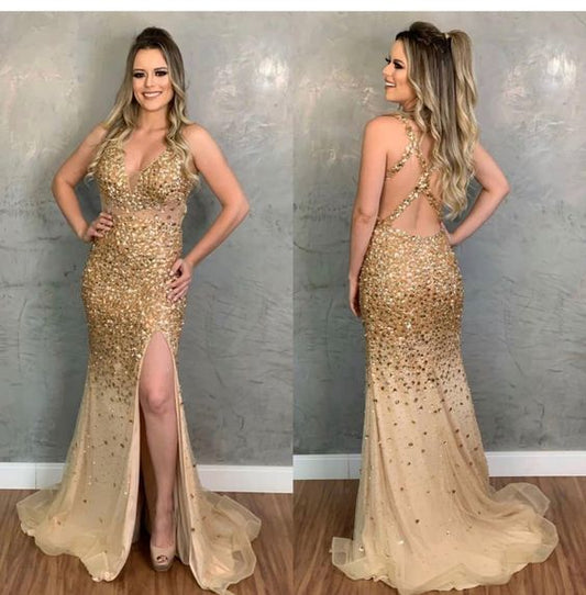 Champagne Crystal Mermaid Prom Dresses   cg16838