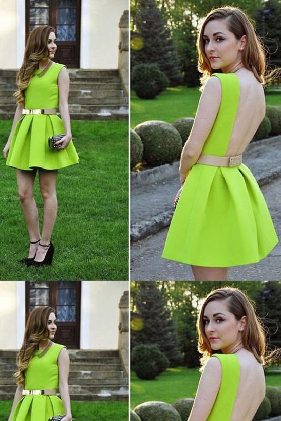 Cheap Comfortable Green Lemon Green Backless Jewel Backless Homecoming Dress,Cheap Ruched Mini Party Dress cg1684