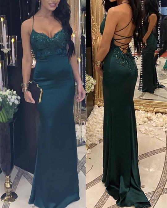 Open Back Satin Mermaid Prom Dresses Lace Appliques   cg16956