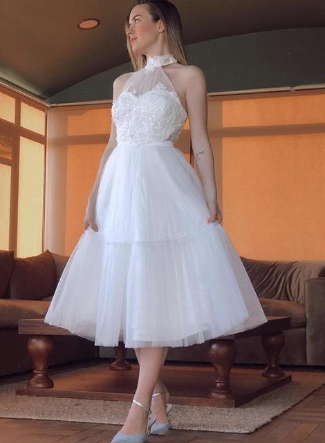 White tulle lace short prom dress party dress    cg17150