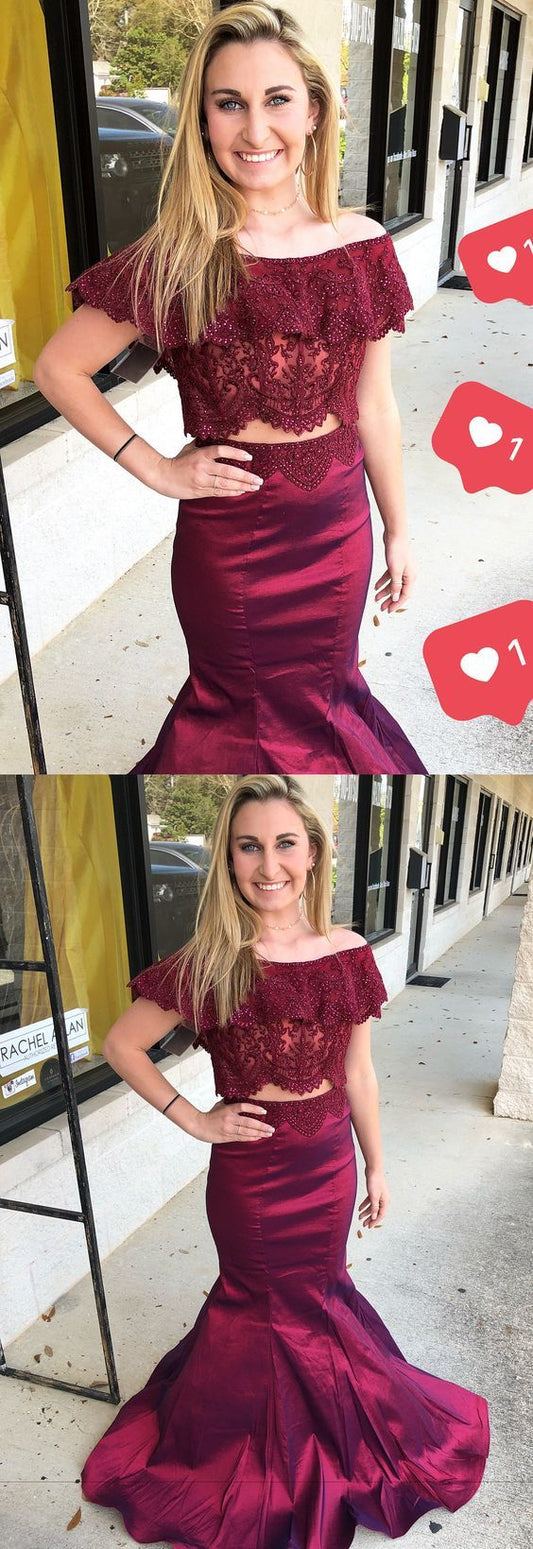 2 Piece Prom Dresses, burgundy Prom Dress, Long Prom Dance Dress   cg17231