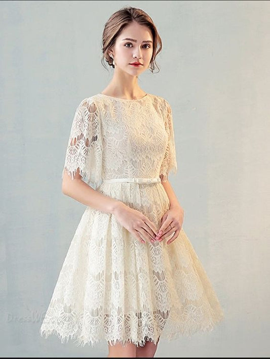 A Line Scoop Neck Short Sleeve Lace Short Homecoming Dress cg1729