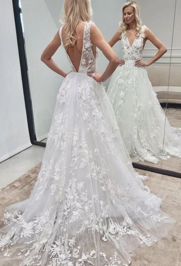 V Neck and V Back White Lace Long Wedding Dress, Long White Lace Prom Dress, White Formal Evening Dress   cg17352