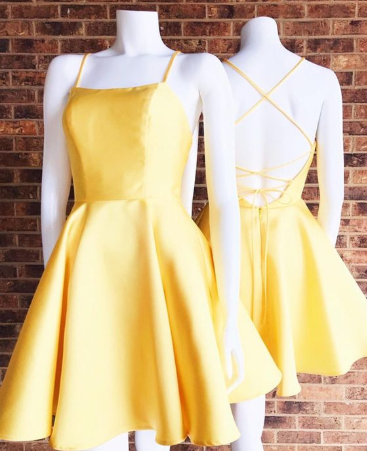 short yellow homecoming dress open back cg1738