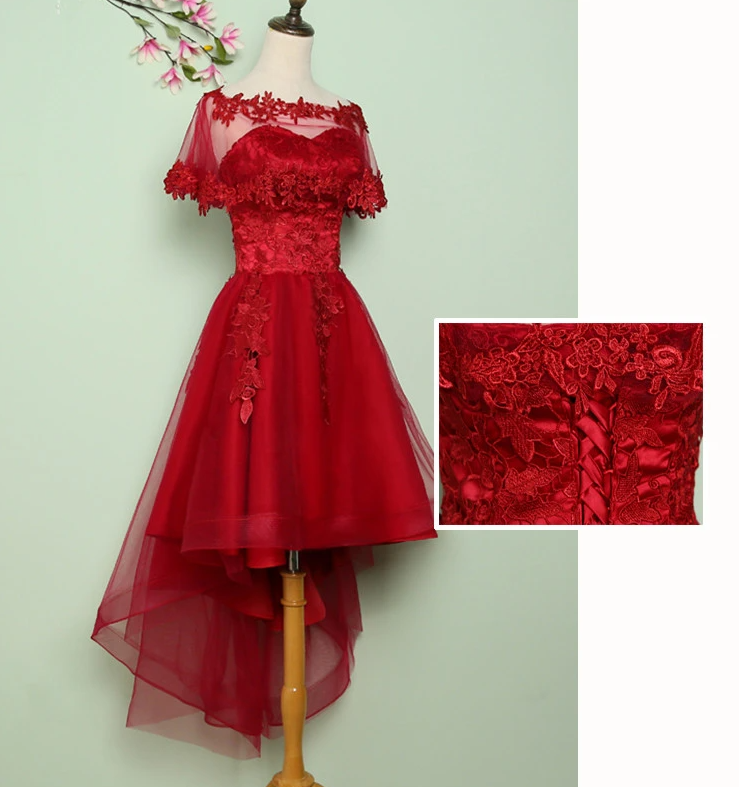 Wine Red Lace Tulle High Low Lace Formal Homecoming Dresses   cg17414